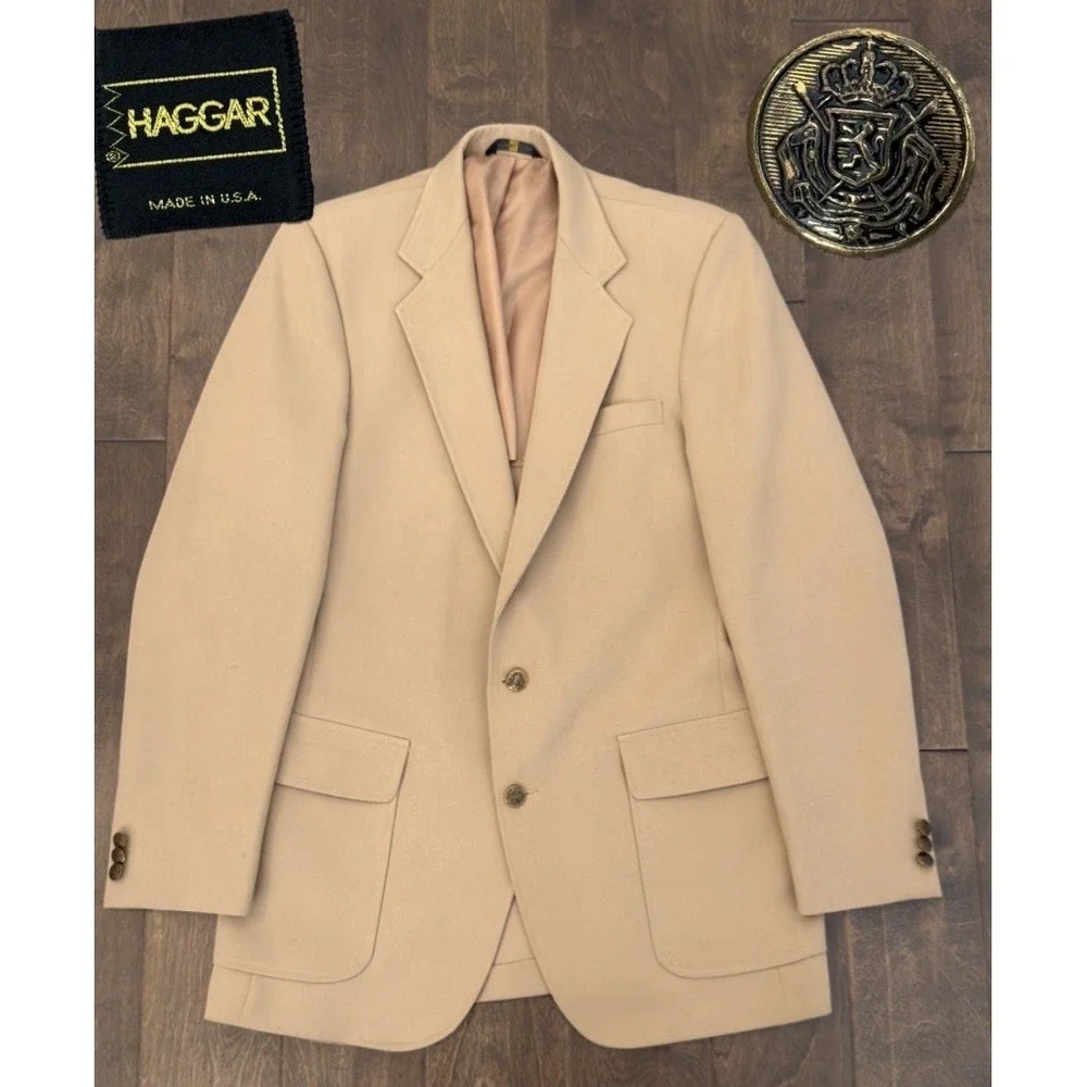 Vintage Haggar Blazer Jacket Mens Size‎ 40L Beige USA Made Gold Buttons 2-Button
